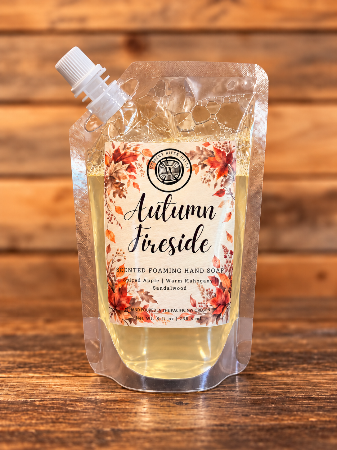 Autumn Fireside 8 fl oz foaming hand soap refill pouch with fall leaf label