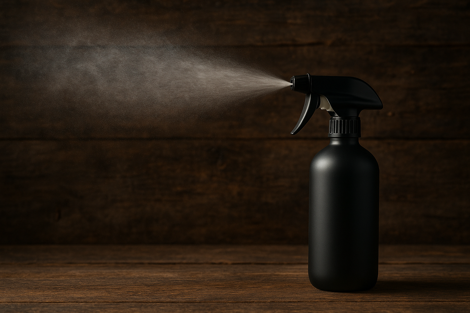Black matte spray bottle misting with rustic background