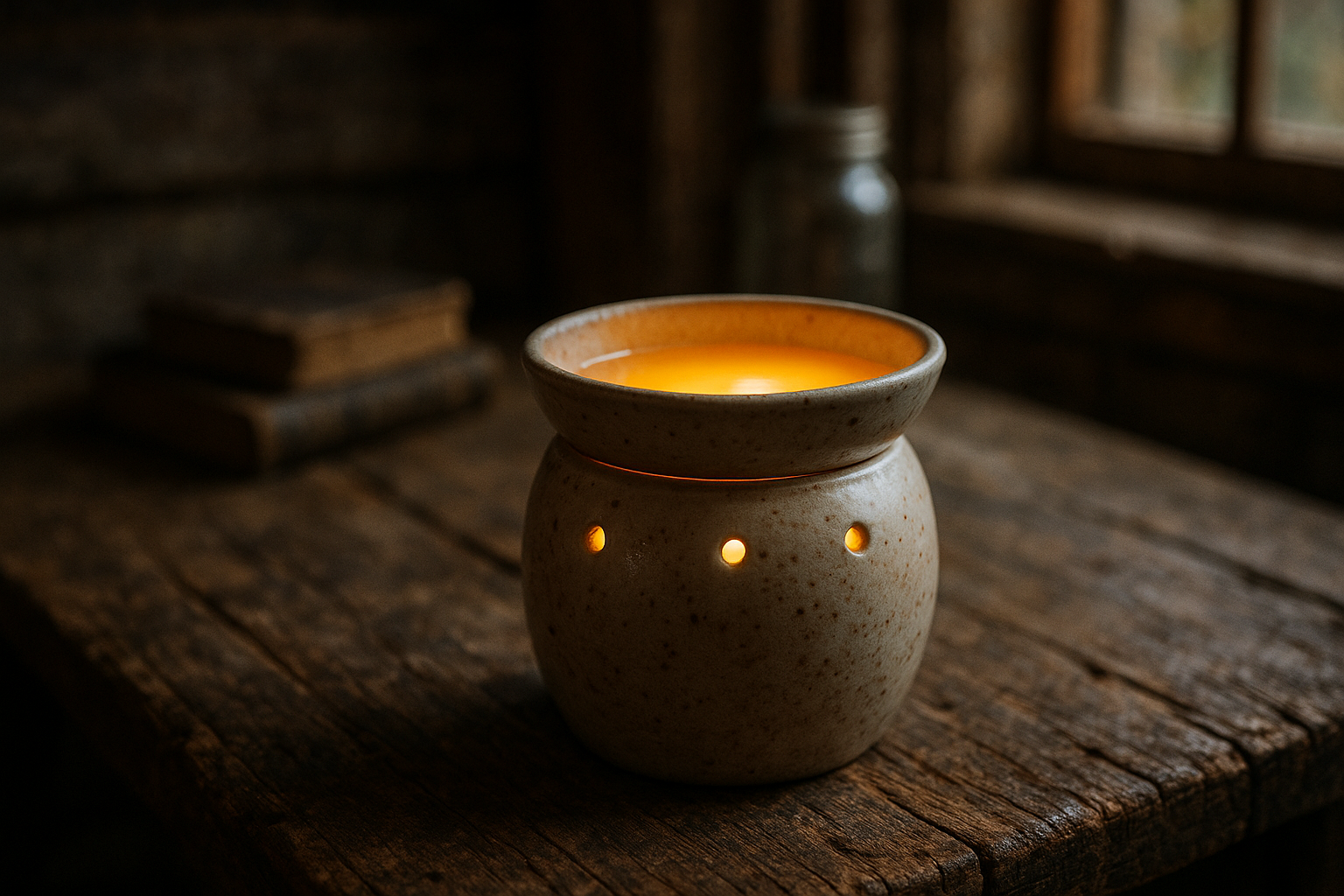 Create wax warner burning in a rustic setting make less AI feeling and more realistic 