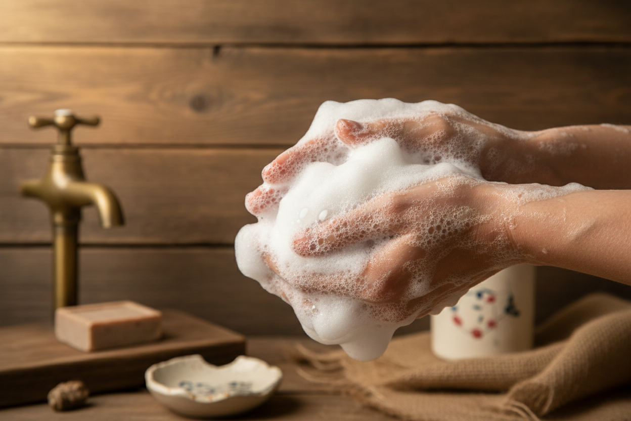 foaming soap in hands with rustic setting background